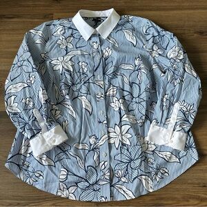 Talbots Modern Classic Button Up Shirt Plus 20W Blue Floral Stripe Non-Iron‎